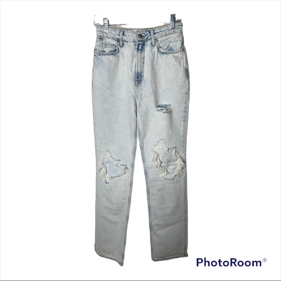 NEW FREE PEOPLE Revolve Light Wash Distressed High Rise Straight Leg Jeans Sz 27 - Picture 8 of 12